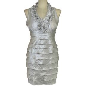 London Times Petites Silver Metallic Ruffle Neck Tiered Sheath Dress 12P